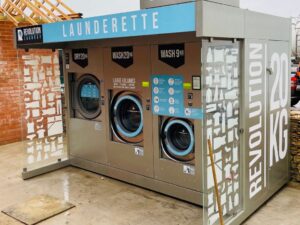 Outdoor laundrette facilities at William Gilder’s Teddington Hands truck stop for HGV drivers.