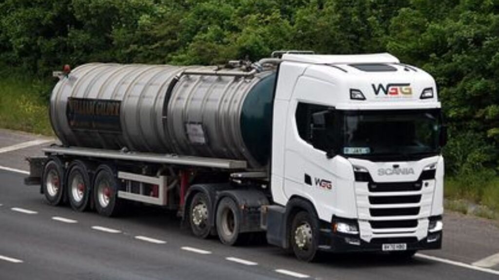 Specialist tanker haulage vehicle in operation for liquid waste transport