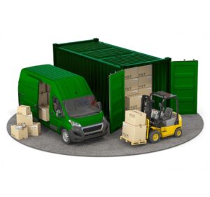 Green delivery van, open storage container, and yellow forklift handling cardboard boxes at a logistics or self-storage site.