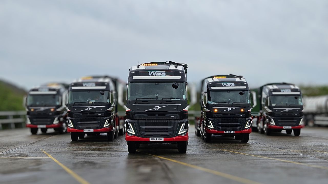 Five lorries seen in an arrow formation