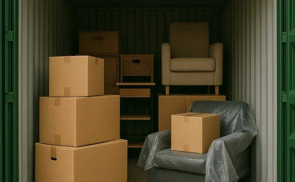 Interior of a green shipping container neatly packed with cardboard boxes and furniture for home renovation storage.
